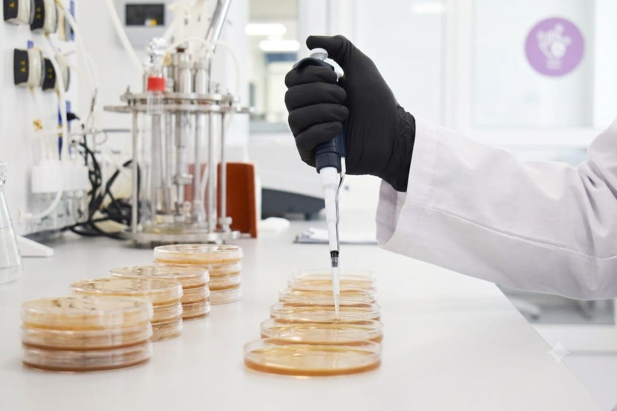 Investigador con guantes negros usando una micropipeta sobre placas de Petri, con un biorreactor de fondo